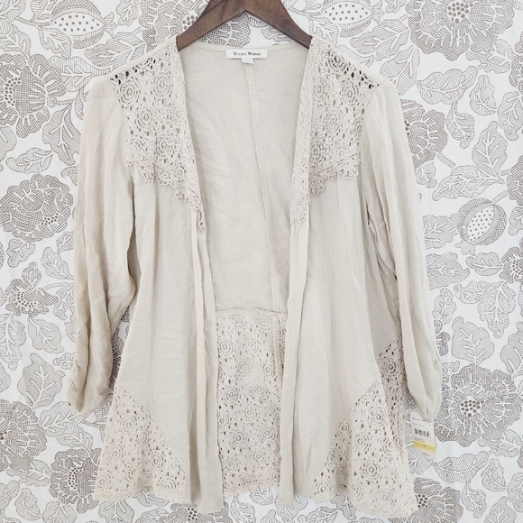 Studio Works Sweaters - NWT Studio Works Open Front Lace Long sleeve Beige Cardigan Women's M
